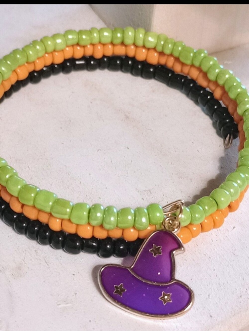 Handmade Beaded Wrap Bracelet with Purple Witch Hat Charm - Lime, Orange, Black